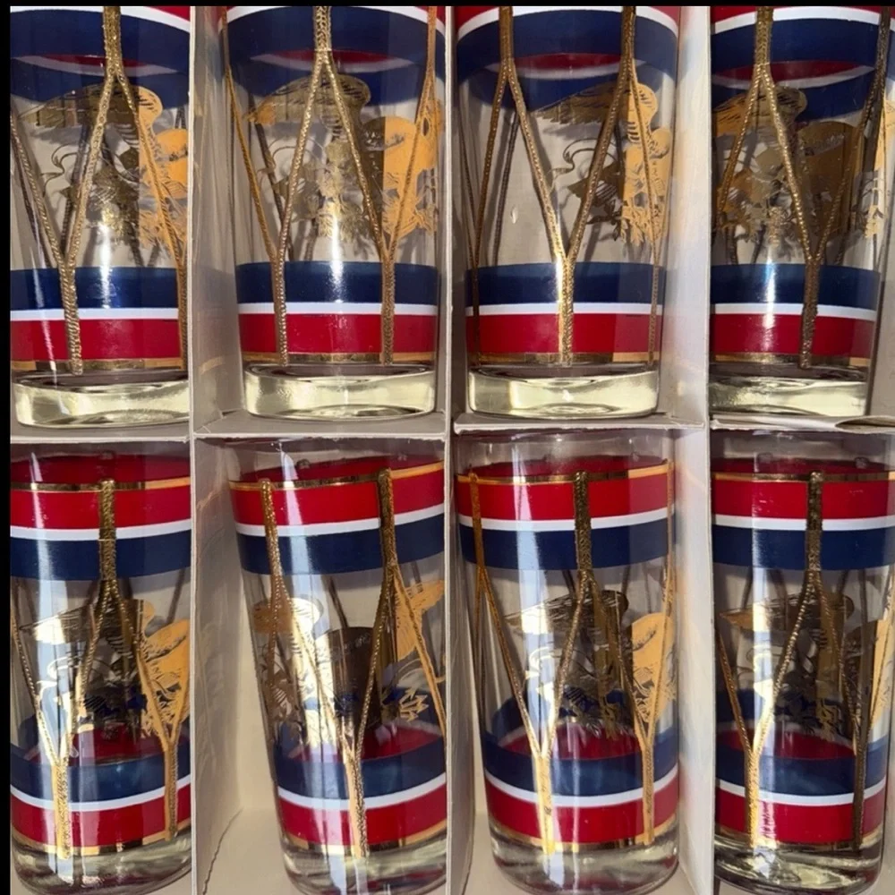 Set/8 Antique House Art Hi Ball Set Red White Blue & Gold Eagle Drum Design